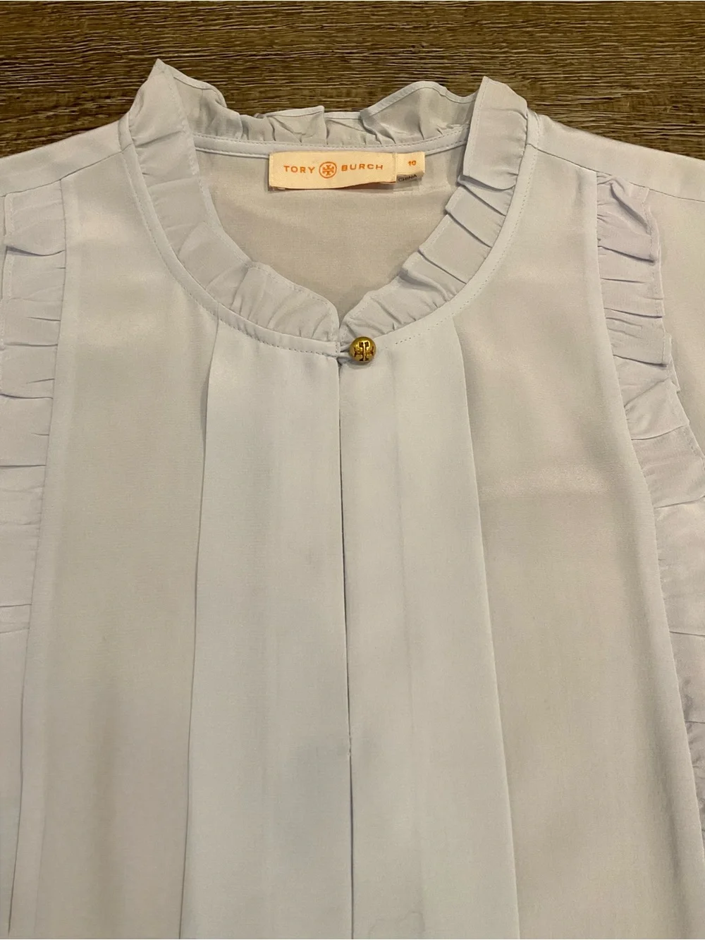 Tory Burch Pale Blue Ruffle Collar Silk Blouse with Gold Logo Button